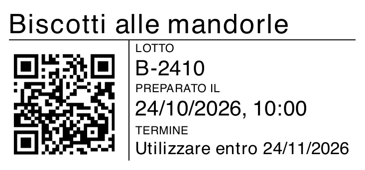Etichetta per uso interno di esempio dei biscotti alle mandorle, con lotto B-2410, data di preparazione e QR.