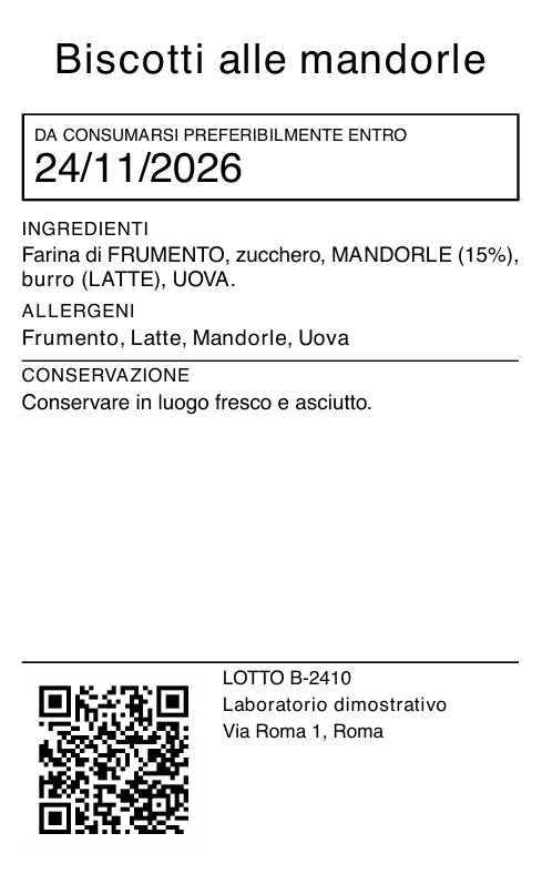Etichetta di vendita di esempio dei biscotti alle mandorle, generata da FacileHACCP, con ingredienti, allergeni evidenziati e lotto B-2410.