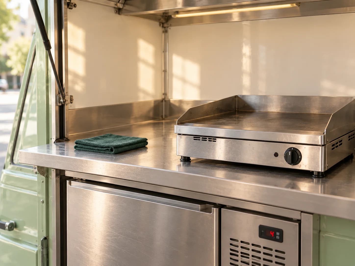 Il banco pulito di un food truck con piastra spenta, panno verde e frigorifero sottobanco chiuso con display.