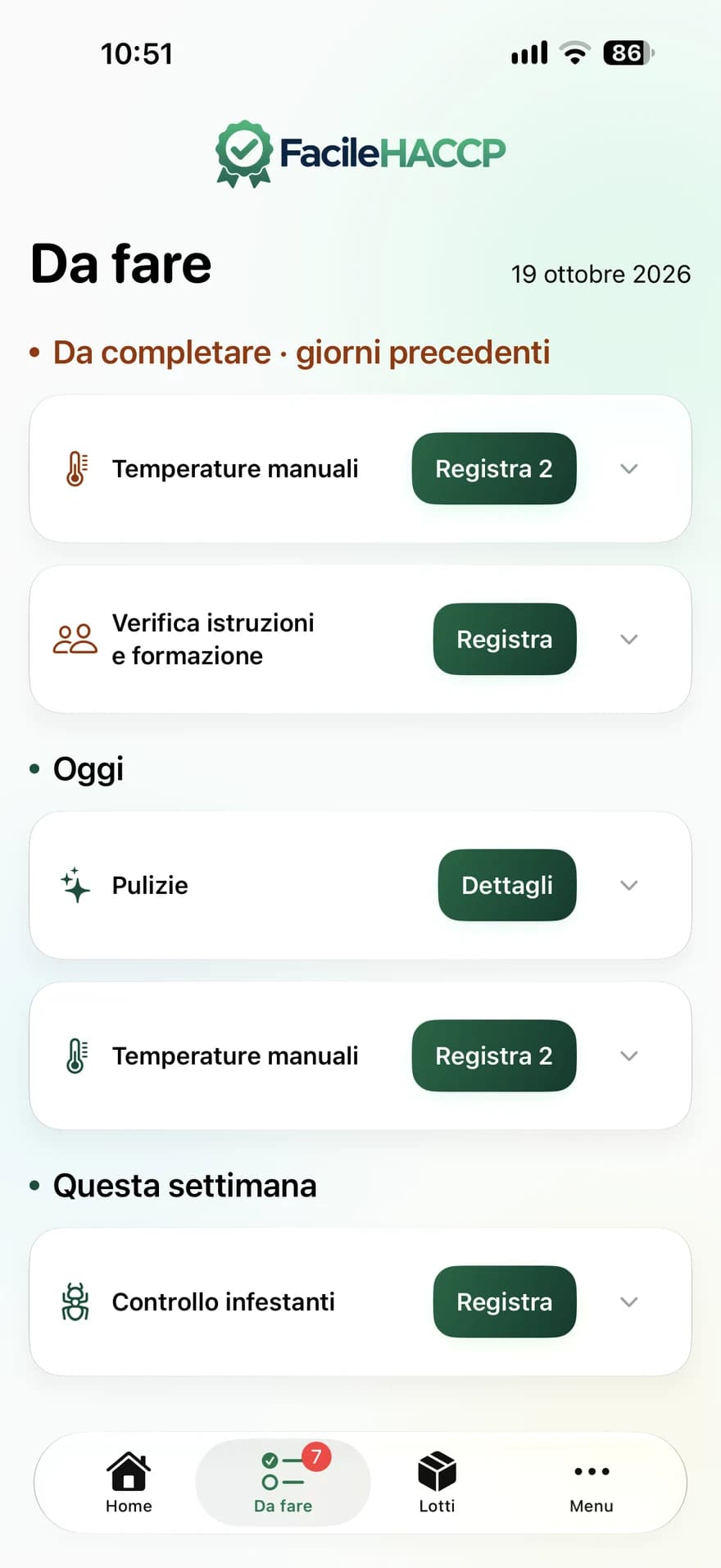 La lista dei controlli da fare nell’app FacileHACCP, con pulizie, temperature e verifiche.
