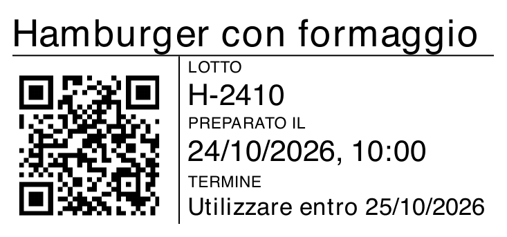 Etichetta dimostrativa per uso interno degli hamburger con formaggio, con lotto H-2410, data di preparazione e QR.