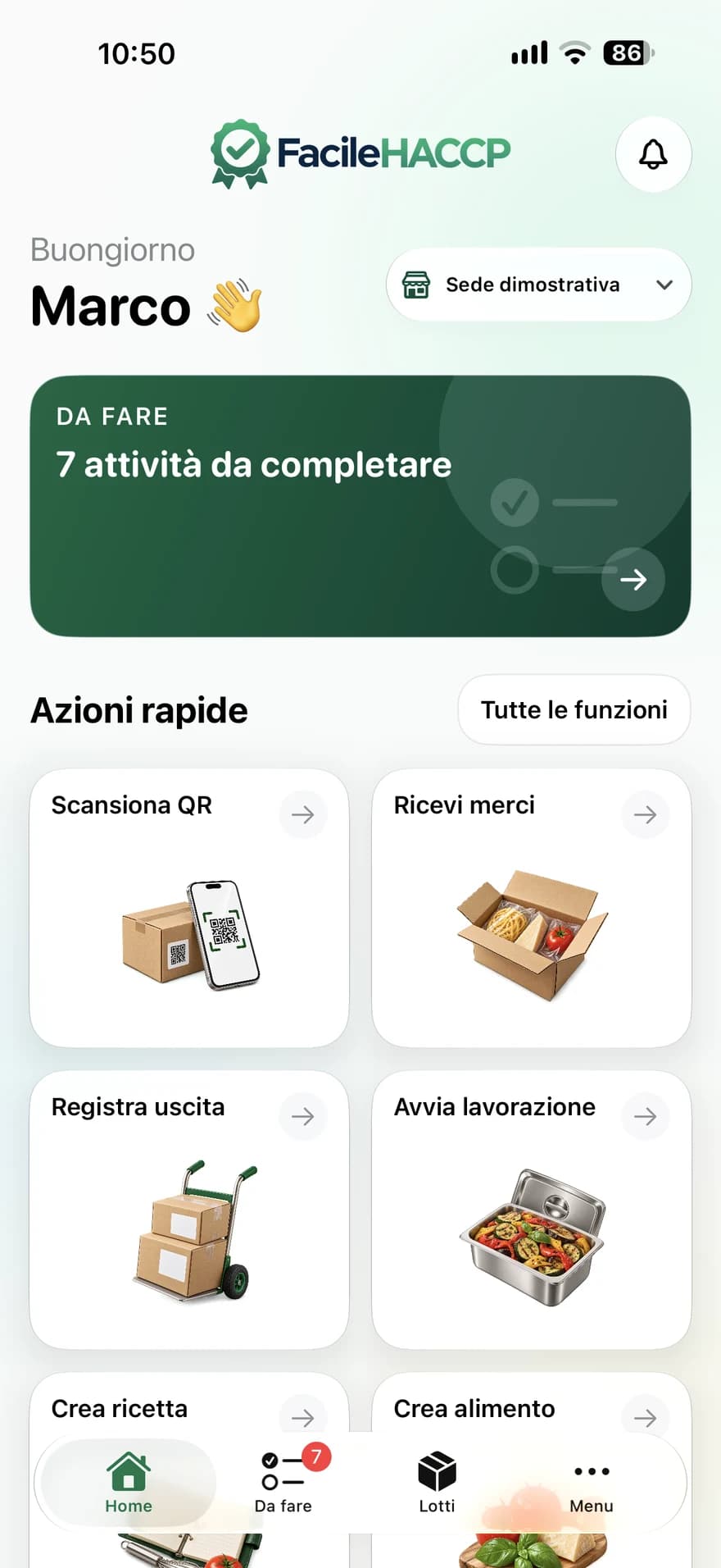 La home dell’app FacileHACCP, con le attività da completare e le azioni rapide.