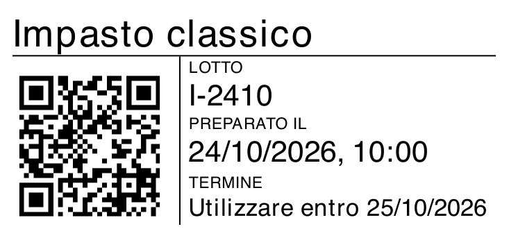 Etichetta interna di esempio per Impasto classico, con lotto I-2410, preparazione e QR, generata dal modulo di stampa di FacileHACCP.