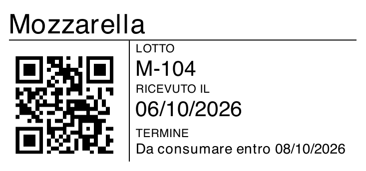 Etichetta di ricevimento generata da FacileHACCP: prodotto, lotto, data di ricevimento e termine di utilizzo.