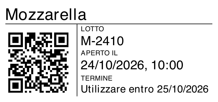 Etichetta di apertura di esempio per Mozzarella, con lotto M-2410, data di apertura e QR, generata dal modulo di stampa di FacileHACCP.