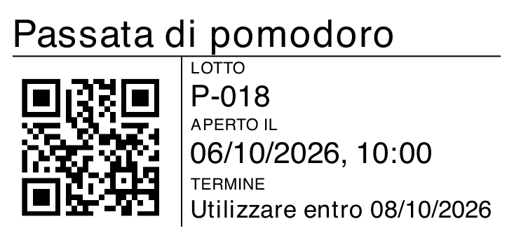 Etichetta di apertura generata da FacileHACCP: passata di pomodoro, QR, lotto, data di apertura e termine di utilizzo.