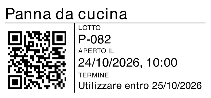 Etichetta di apertura di esempio per Panna da cucina, con lotto P-082, data di apertura e QR, generata dal modulo di stampa di FacileHACCP.