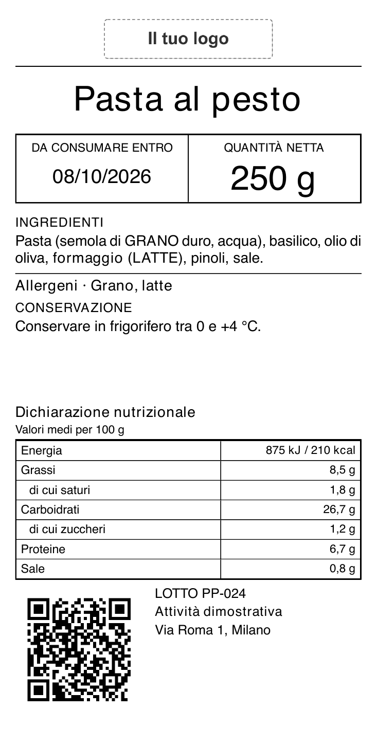 Etichetta di vendita con tabella nutrizionale: spazio «Il tuo logo», pasta al pesto, ingredienti, allergeni, conservazione, termine di consumo, lotto, QR e dati dell’attività.