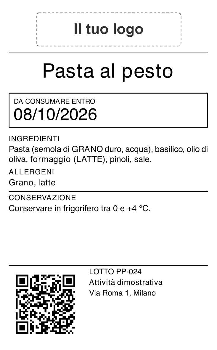 Etichetta di vendita senza tabella nutrizionale: spazio «Il tuo logo», pasta al pesto, ingredienti, allergeni, conservazione, termine di consumo, lotto, QR e dati dell’attività.