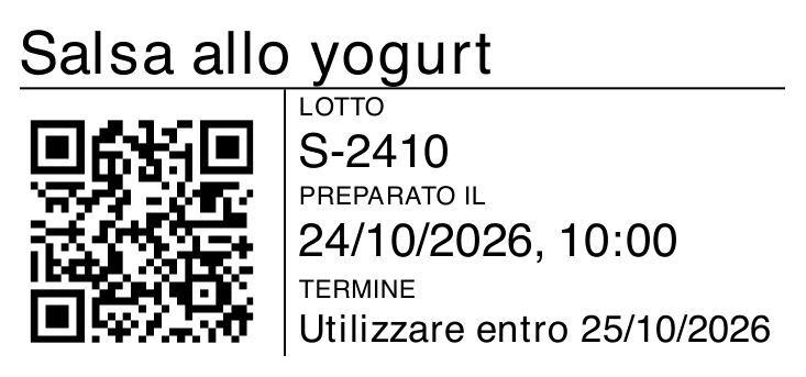 Etichetta interna di esempio per Salsa allo yogurt, con lotto S-2410, preparazione e QR, generata da FacileHACCP.