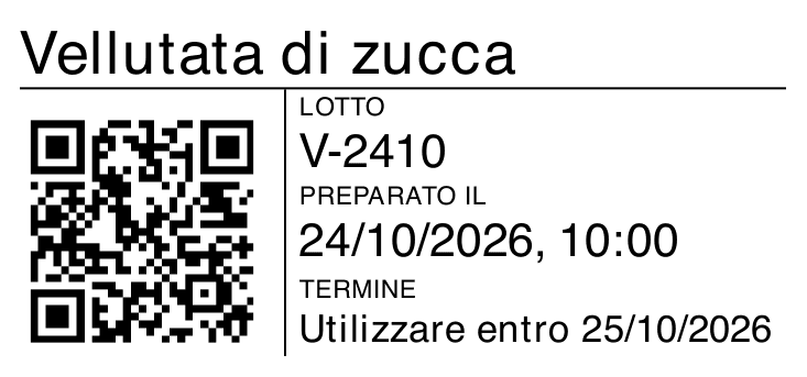 Etichetta interna di esempio per Vellutata di zucca, con lotto V-2410, preparazione e QR, generata dal modulo di stampa di FacileHACCP.