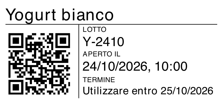 Etichetta di apertura di esempio per Yogurt bianco, con lotto Y-2410, data di apertura e QR, generata da FacileHACCP.
