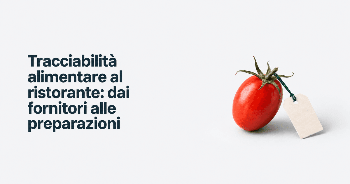 Copertina di Tracciabilità alimentare al ristorante: dai fornitori alle preparazioni, con un pomodoro e un cartellino.