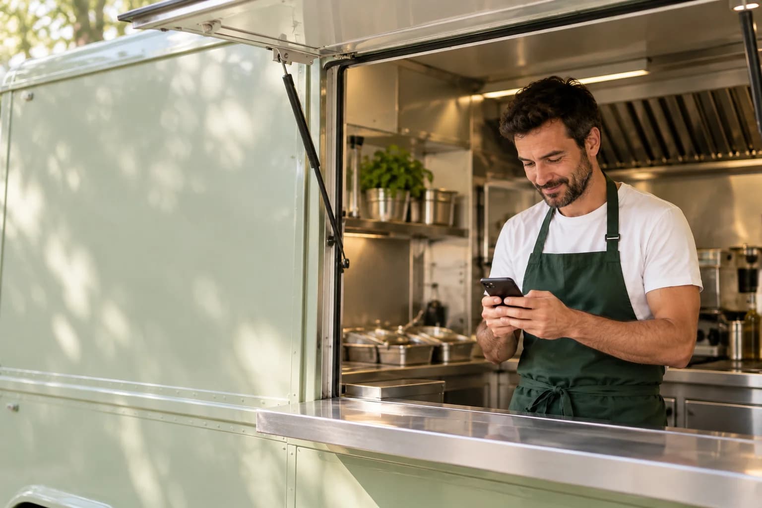 Il titolare di un food truck consulta il telefono prima del servizio, affacciato allo sportello del mezzo.