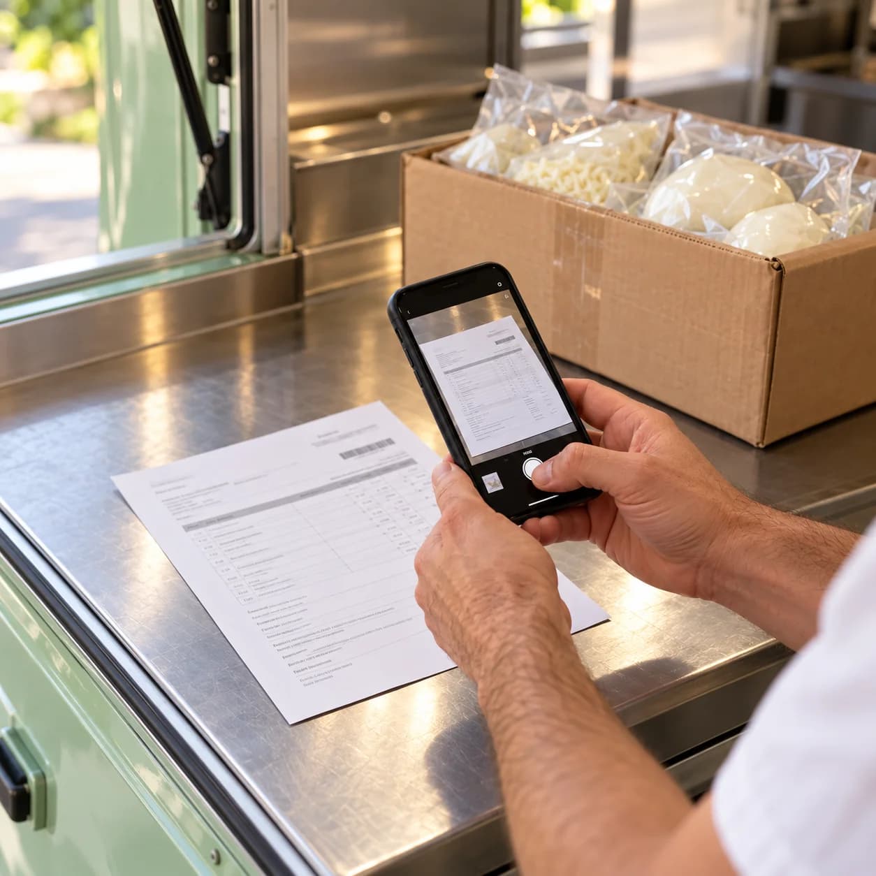 Le mani di un addetto fotografano il DDT sul banco del food truck, accanto a una scatola di ingredienti confezionati.