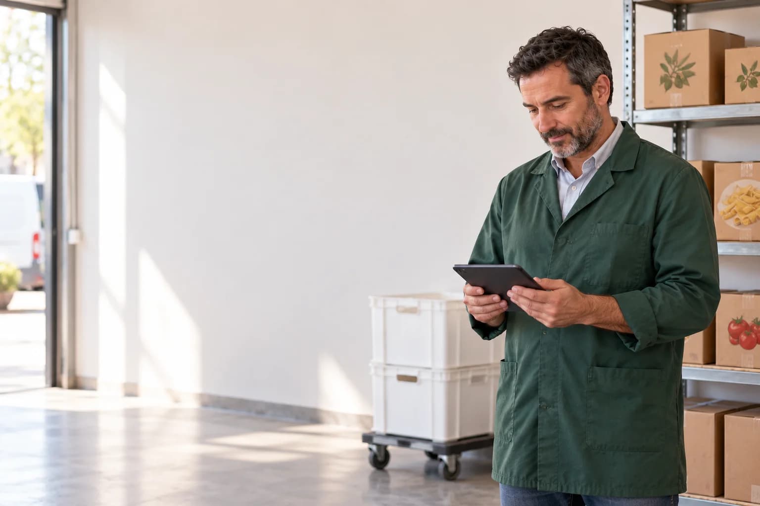 Il responsabile di un ingrosso alimentare consulta il tablet nell'area di ricevimento merce.