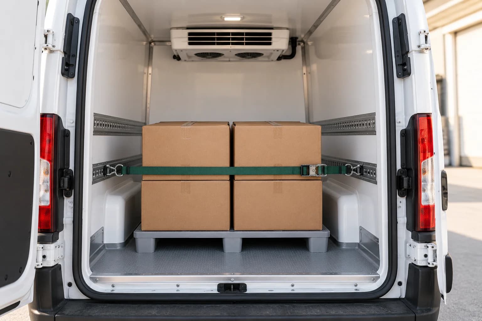 Il vano pulito di un furgone refrigerato, con pochi colli chiusi fissati per il trasporto.