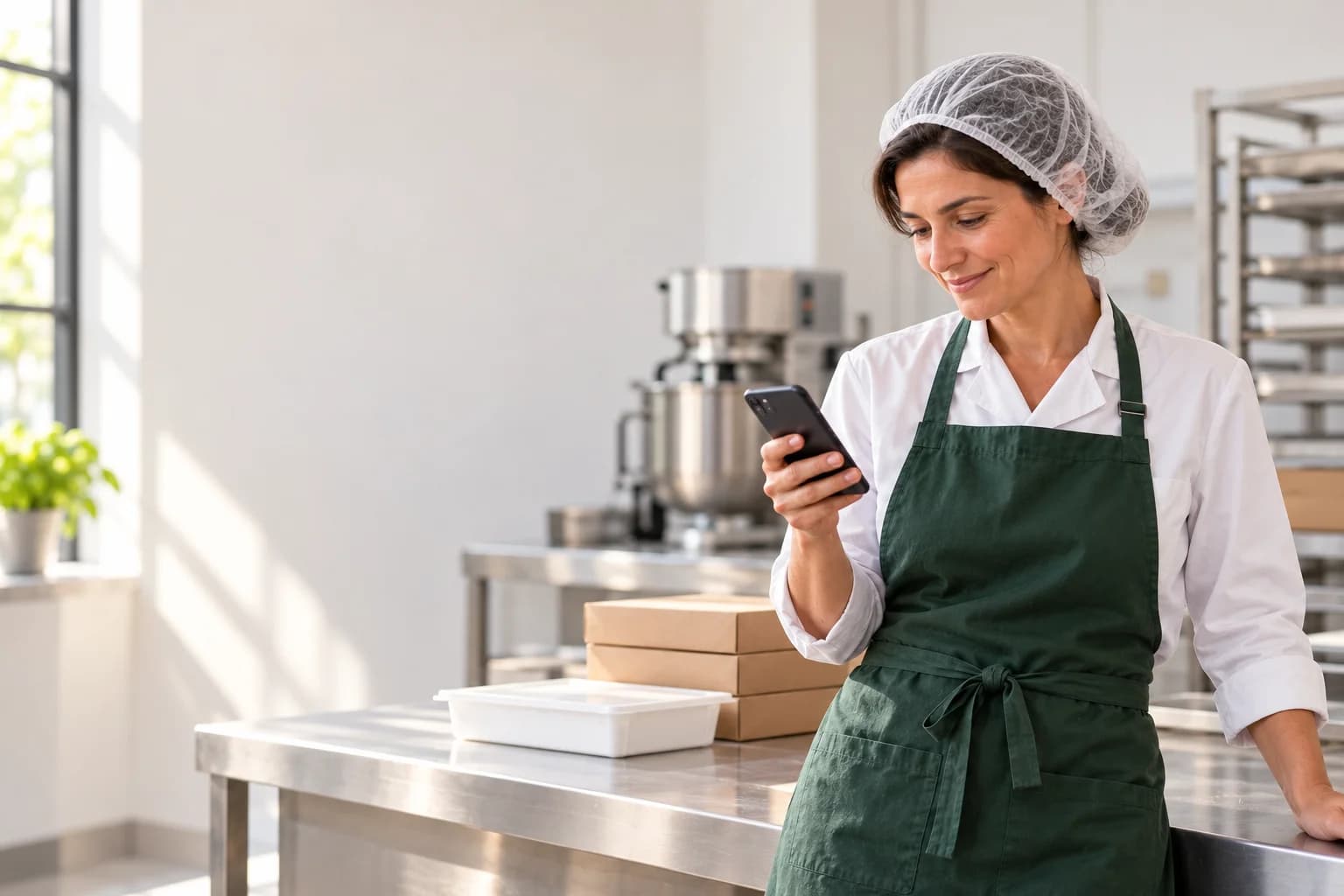 La responsabile di un laboratorio alimentare consulta il telefono accanto al banco di confezionamento.
