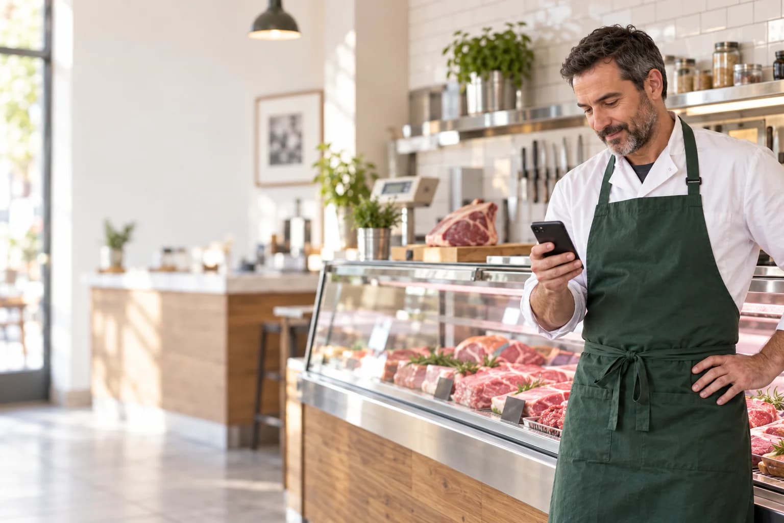 Un macellaio consulta il telefono accanto al banco della sua attività.