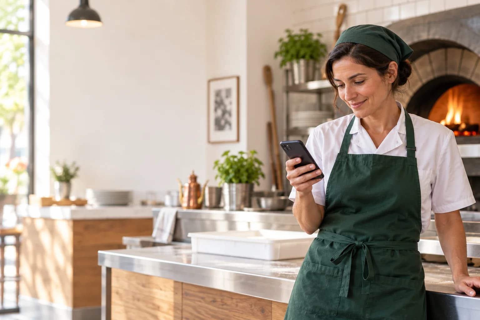 La titolare di una pizzeria consulta il telefono accanto al banco di preparazione.