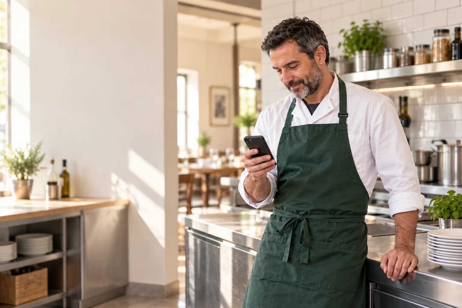 Il titolare di un ristorante consulta il telefono accanto al banco della cucina.