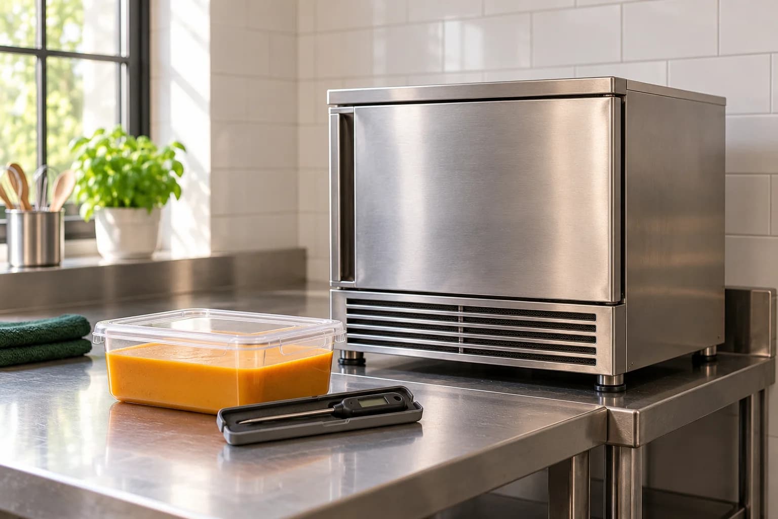 Un abbattitore chiuso accanto a un contenitore coperto di vellutata e a un termometro a sonda nella sua custodia.