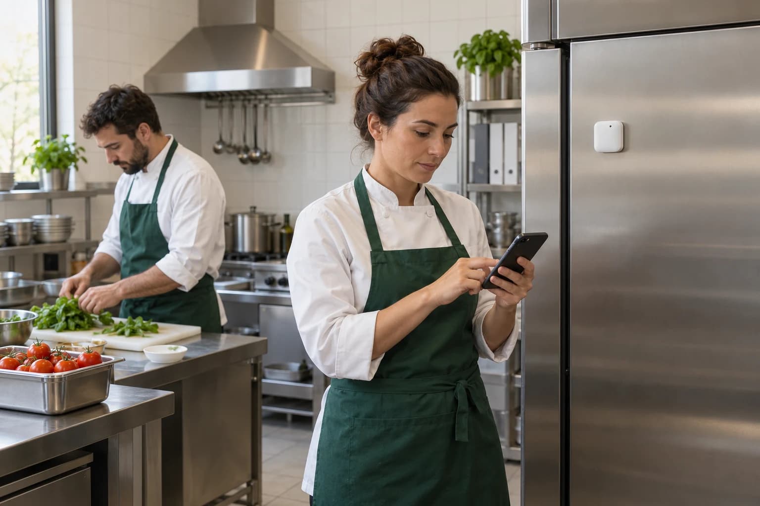 Una cuoca registra un controllo sullo smartphone accanto al frigorifero.