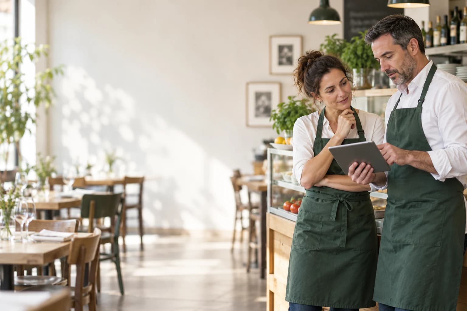 Una consulente e un titolare consultano insieme un tablet in un ristorante.
