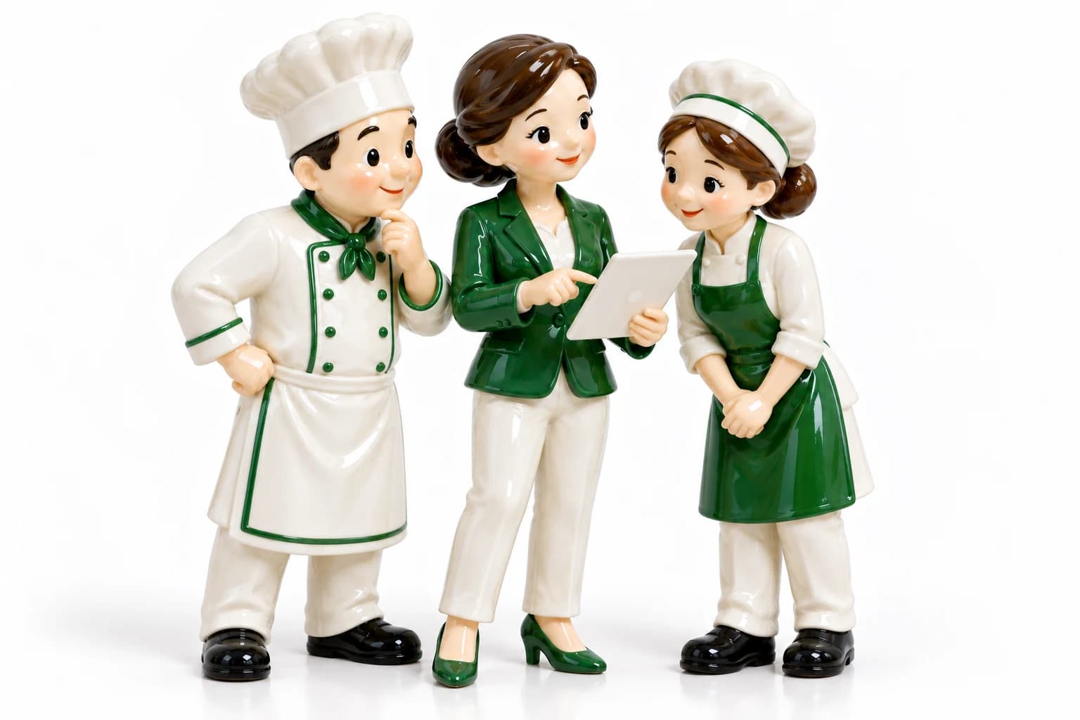 Una consulente con un cuoco e una panettiera, rappresentati in porcellana.
