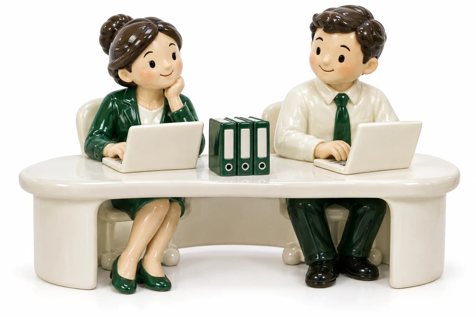 Due consulenti ai loro computer, rappresentati in porcellana.